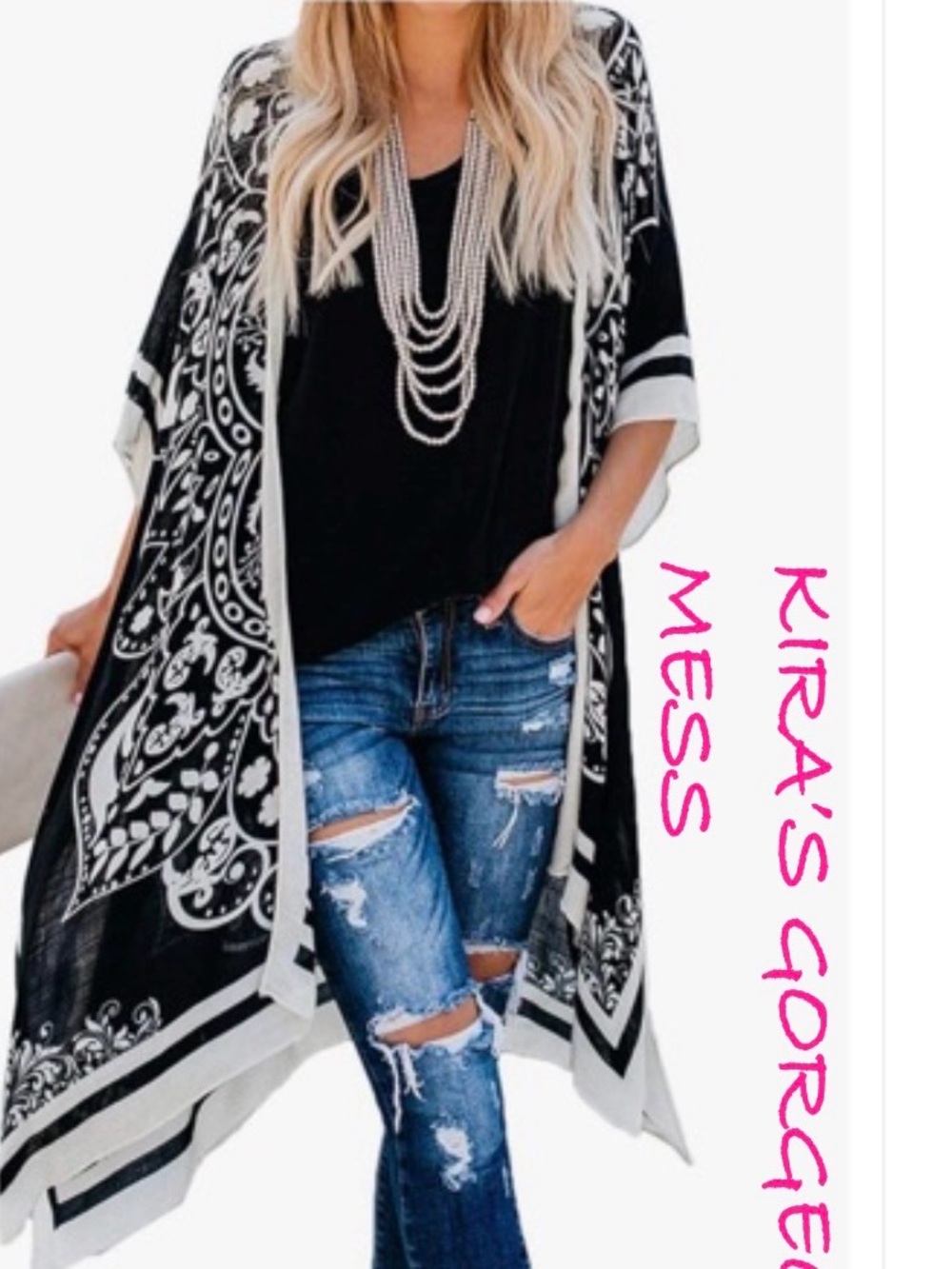 Black and White Printed Kimono Cardigan - Women